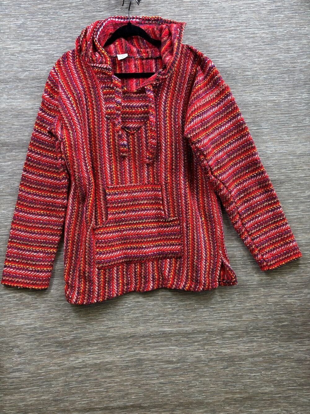 El Paso Saddleblanket Sweater Mens M Red Hooded Baja Kangaroo Pocket Boho